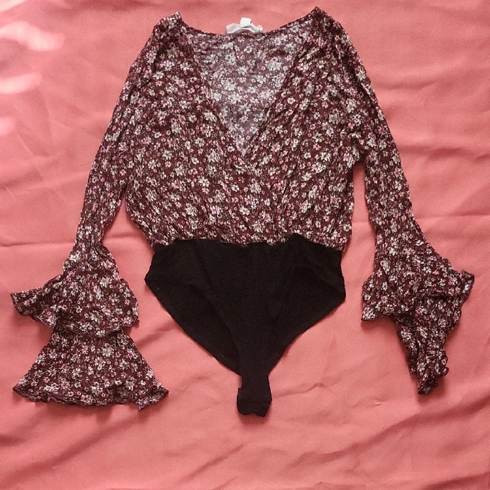 Peach Love California Floral Burgundy Bodysuit